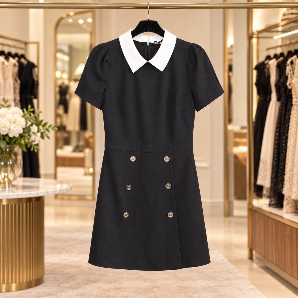 Karl Lagerfeld Black White Collar Mini Dress Size 6 Faux Button NWOT Wednesday